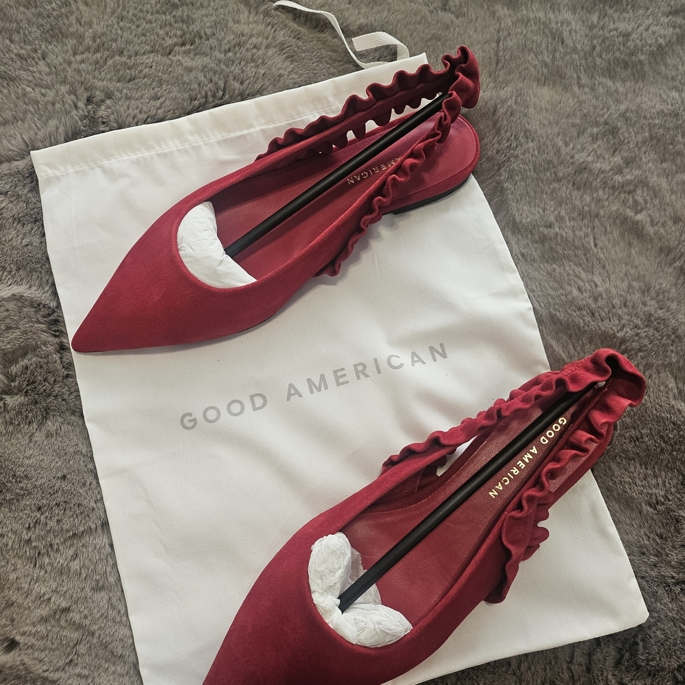 Good American Red Pointed Toe Ruffled Slingback Flats